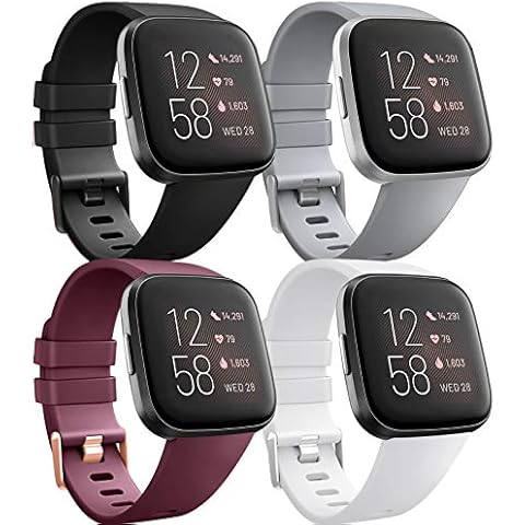 Wanme 4 Pack for Fitbit Versa Strap/Fitbit Versa 2 Strap/Fitbit Versa Lite Strap, Classic TPU Silicone Sport Adjustable Replacement Wrist Band for Fitbit Versa/Versa 2 (Black+Wine Red+White+Gray, L) Cover