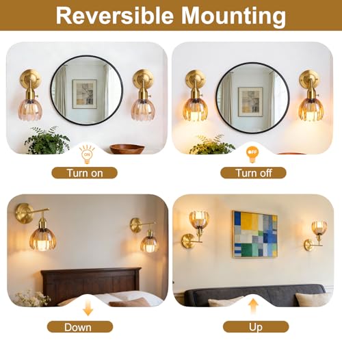 Image of Vintage Gold Wall Sconces Set of 2 with Cute Amber Tulip Glass Lampshade, Hardwired and Wireless Wall Mounted Light Fixtures (2 Usage Methods) with Switch for Bedside Bedroom Living Room Wall Decor