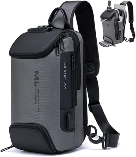 Amazon Sandoll 雑誌掲載商品 Mlロゴ 人気 カジュアル ボディバックメンズ ワンショルダー ショルダーバッグ 安心ロック付き 斜めがけ 大容量 防水 Usb充電ポート 肩掛けバッグ Ipad収納可能 付属品 ロック使用の日本語説明書付き グレー Sandoll ボディ