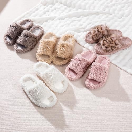BOVTY Women's Fuzzy Open-toe Bowknot & Double-Strap Slippers, Memory Foam Non-Slip Indoor House Slides — view 3