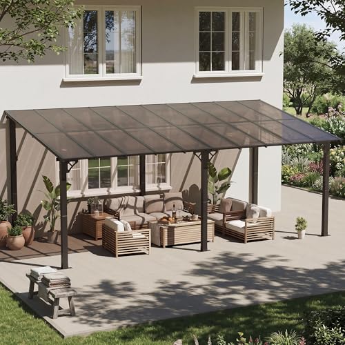 Image of 10x20FT Lean to Gazebo Pergola Patio Outdoor Pergolas Gazebos | Wall Mount Awnings with Sloped Roof Hardtop Gazebo with Aluminum Frame & Polycarbonate Panel for Backyard,Garden,Patio,Deck