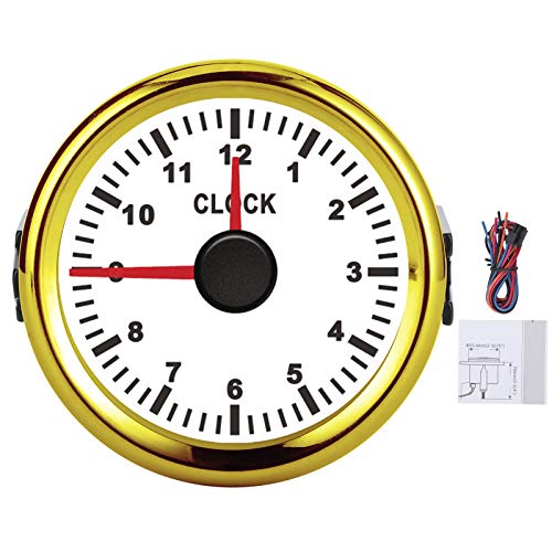 Dial Clock Meter, 2in Universal Clock Gauge Instrument 0‑12 Hourmeter Red Backlight 12V/24V for Car Boat Yacht Motorcycle(White Gold Frame)