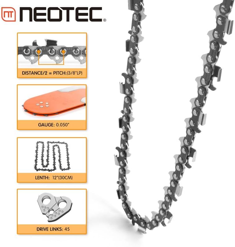 Miniatura 5 de NEO-TEC Paquete de 3 cadenas de motosierra de 12 pulgadas, calibre de 0.050 pulgadas, paso de perfil bajo de 38 pulgadas, 45 eslabones de