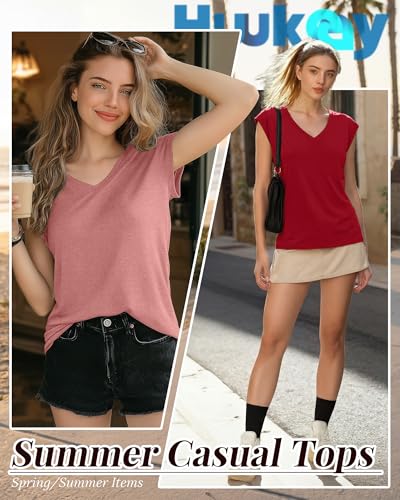 Image of Huukeay 3 Pack Women's V Neck Cap Sleeve T Shirts | Short Sleeve Basic Tees, Loose Fit Soft Tops for Women, Casual Lightweight Shirts, Everyday Summer Clothes