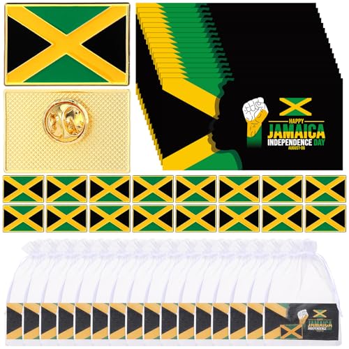 Kenning 50 Sets Jamaica Flag Pins Bulk Favors with Green Yellow Black Jamaica Independence Day Lapel Pins Favor with Motivational Cards Organza Bags for Party Gift Bag Fillers Goodie Bag Stuff