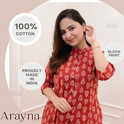 Image of Arayna Women's Cotton Floral Block Printed Co-ord Set - Straight Kurta Palazzo Pants