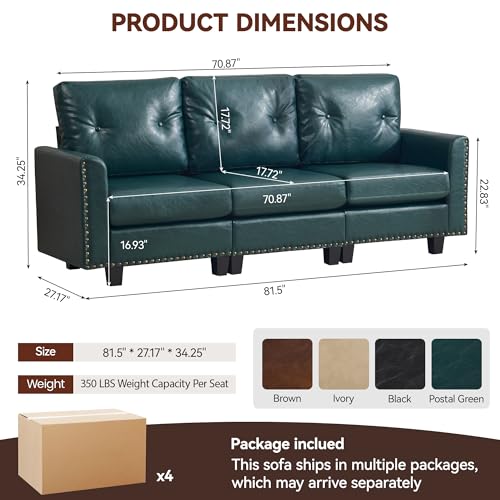 Image of 71 inch Faux Leather Modular Sectional 3 Seater Couch, Vintage PU Leather Sofa with Nailhead Trim, Mid Century Modern Tufted Couches for Living Room, Bedroom, Office, Reception, Forest Green