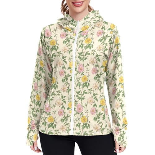 Women's Sun Protection Lightweight Hoodie Jacket Zip Up Jackets for Women UPF 50+ Clothing for Hiking Golf Cycling M Traditional Flower