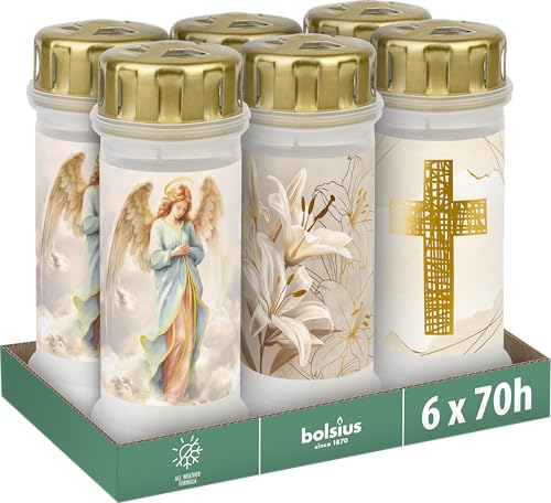 Bolsius - Grablicht nr 6 + Deckel - Mit Motiv - 6 Stück - Brenndauer 70 Stunden - Enthält Natürliches Pflanzenwachs - Ohne Palmöl