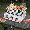 3 Burners Portable Gas Grill with Griddle Independent Ignition Propane Gril, Outdoor Camping Tabletop Smokeless Stainless Steel Grill,Propane LPG Grill for Outdoor Camping Picnic, Kitchen, BBQ
