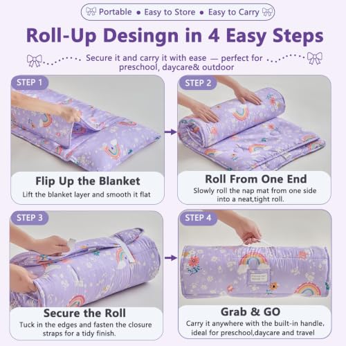 Image of Toddler Nap Mat with Removable Pillow,Ultra Soft Slumber Bags for Girls,Kids Sleeping Bags with Roll Up Design, Perfect for Preschool,Daycare,Kindergarten
