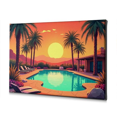 Tableau palmiers piscine au coucher de soleil pour s'évader au quotidien