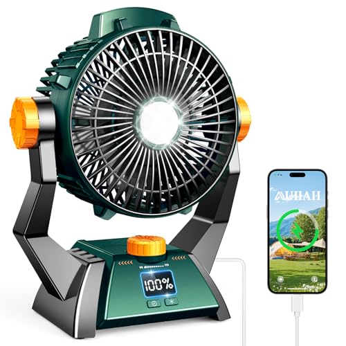 Camping Fan - Rechargeable Portable Battery Powered Camping Fans for Tents with LED Light, Power Display, Timers & 360° Hanging Hook, Ultra Quiet USB Personal Tent Fan for Fishing Travel Home Office