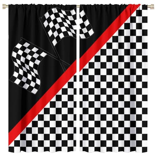 HZOHNAGO Race Car Flag Curtains Racing Car Extreme Sports Themed Grid Black White Check Pattern for Kids Room Decoration Blackout Print Rod Pocket Window Drapes for Bedroom Living Room 42x54in