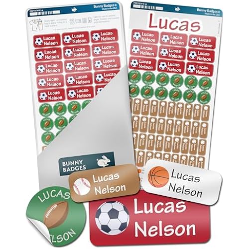 Bunny Badges Personalized Name Labels for Kids (70 Labels) - Custom Waterproof Name Stickers for Daycare, Clothing Tags, Water Bottles, Lunch Boxes and School Supplies (Sports)