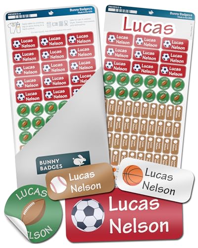 Bunny Badges Personalized Daycare Name Labels for Kids (130 Labels) - Custom Waterproof Name Stickers for Clothing Tags, Water Bottles, Lunch Boxes and School Supplies (Sports)