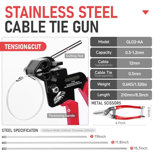 StainlessSteel Cable Tie Gun Set with 150PCS Ties - Special Tool For Fastening And Cutting Metal Cable Ties- Ideal for Chain Link Fence, Dog Fence,Outdoor Fencing, Exhaust Pipe.