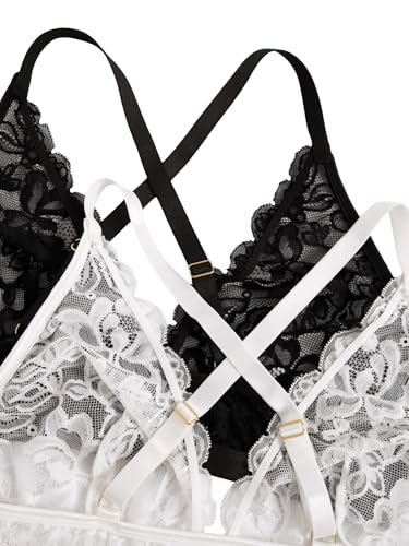 Image of MakeMeChic Women's Plus Size Lace Bralette Front Closure Bras Wireless Deep V Triangle Sexy Lace Bra