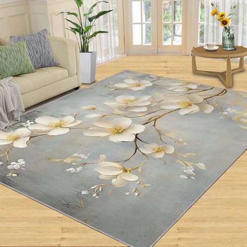 White Magnolia Rug Large - 6x8 Rug, Magnolia Flower Rugs