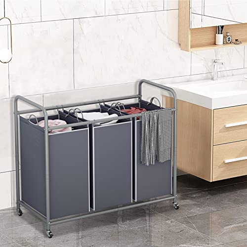 Suoernuo Laundry Sorter Basket 3 Bag Laundry Hamper Cart With Rolling Lockable Wheels And Removable Bags Laundry Organizer Cart For Clothes Storage, Grey #TOP3