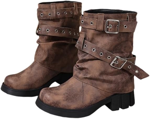 Mid Calf Fold Over Buckle Moto Boots for Women Wide Vintage Combat Booties Platform Chunky Low Heel Biker Boots