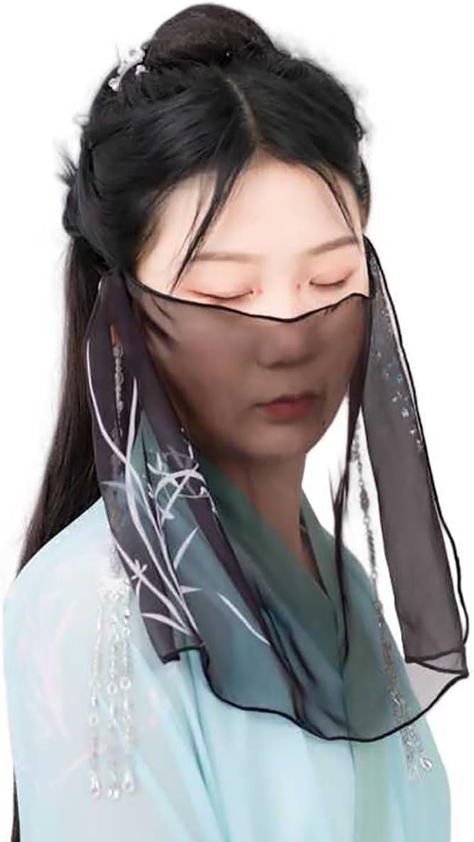 Flower Printed Chiffon Face Veil Semi Sheer Hanfu Mask Chinese Fairy Costume Accessory image 4