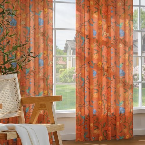 Image of JOOJA 72 Inch Boho Floral Curtains Tropical Bird Print Linen Semi Sheer Window Drapes for Kitchen, Bedroom, Bathroom, Living Room, Dining Room, Terracotta