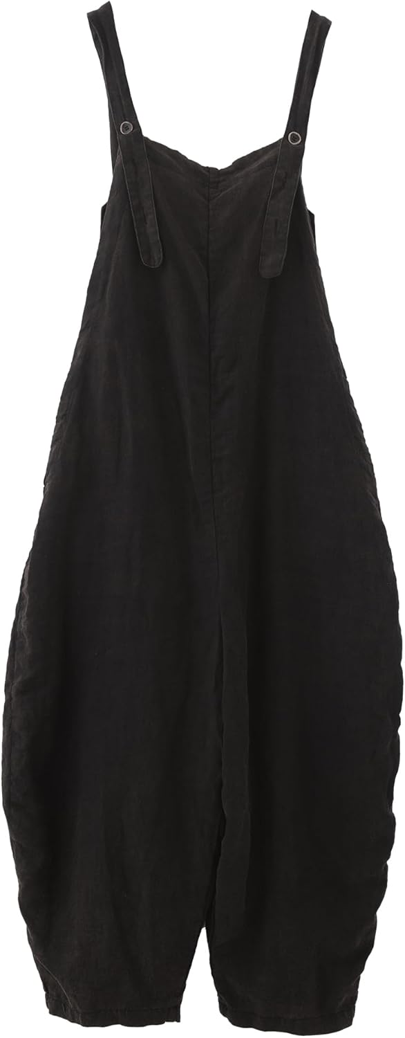 Summer Women's Linen Sleeveless Jumpsuit Casual Loose Wide Leg Romper Adjustable Straps Pockets Overalls