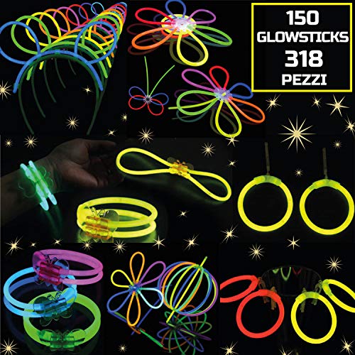 Macwick 150 Starlights Kit Braccialetti Luminosi Fluorescenti Set Bastoncini Glowstick Colorati Connettori Riutilizzabili Decorazioni Party Fluo Feste Scintillanti Occhiali 318 Pezzi Totali