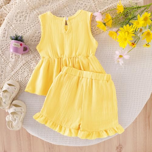 Image of Toddler Girl Clothes Sleeveless Top Shorts 2Pc Summer Outfit 12M-5T | 100% Cotton, Soft breathable, Double crepe fabric, Adorable bow ruffle pocket design, Perfect for daily wear, birthday, party