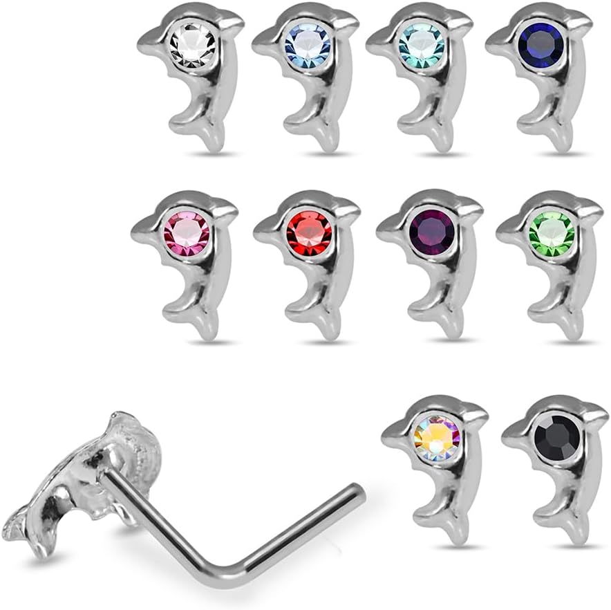 20 Pieces Box Set Dolphin with Crystal Stone Design 22 Gauge 925 Sterling Silver Nose Pin - Nose Stud - Tiny Nose Ring - Nose Piercing Body Jewelry