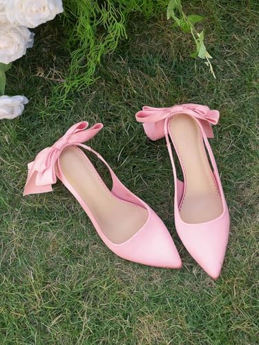 Image of Coutgo Womens Slingback High Heels with Bow Closed Pointed Toe Wedding Bride Dress Shoes Satin Pumps