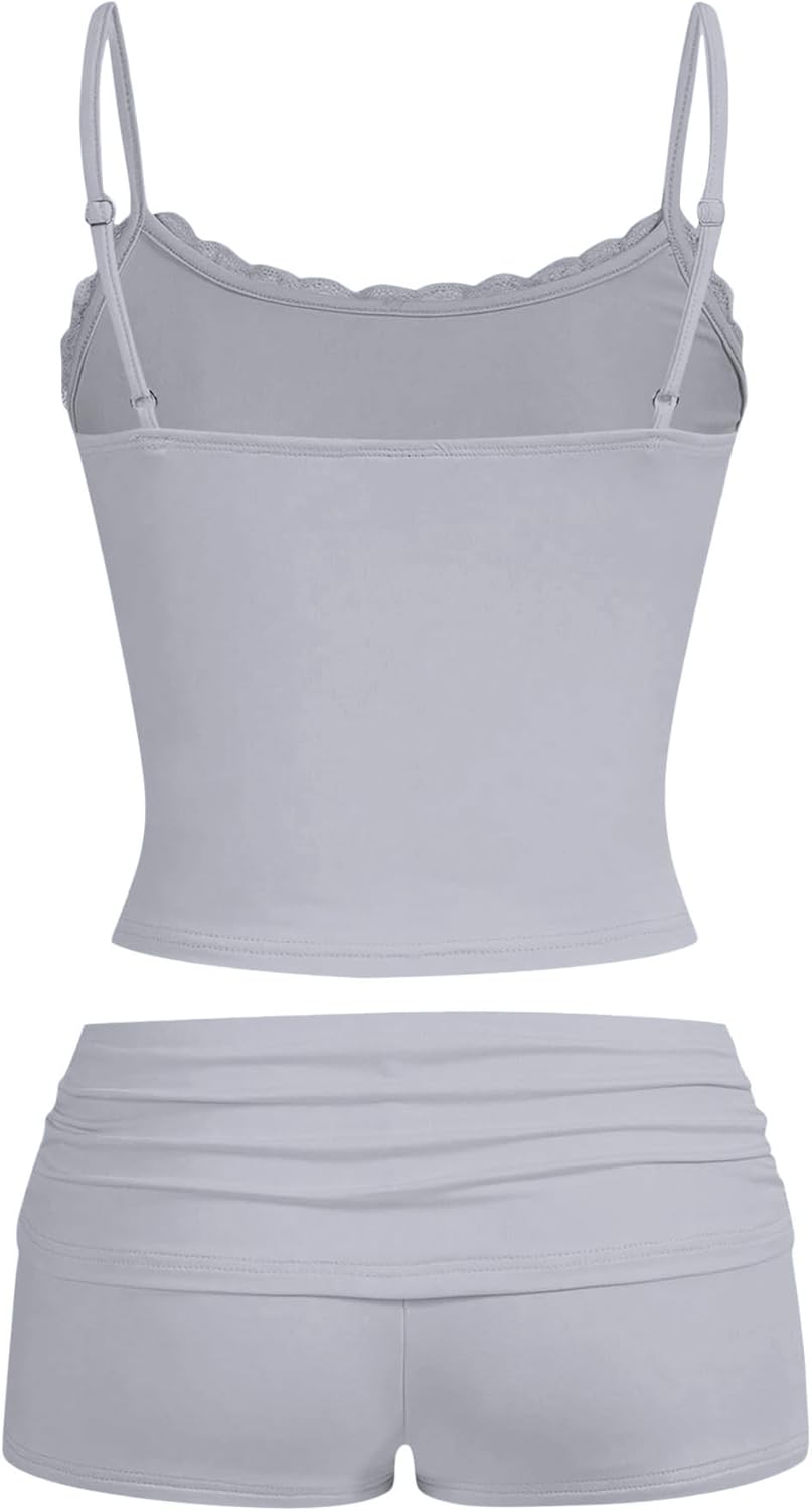 Hilinker Womens Sexy Pajama Set 2 Piece Lace Trim Cami Crop Tops and Ruched Shorts Summer Cute Pjs - Image 3