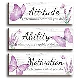 3 Pcs Purple Butterfly Modern Floral Office Wooden Wall Decor, Inspirational Saying Attitude Ability Motivation Quotes Wood Sign Hanging Motivational Wall Plaques for Women Girl Teen Living Room