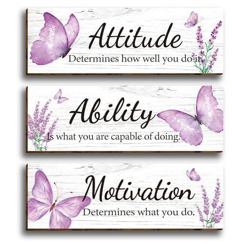 3 Pcs Purple Butterfly Modern Floral Office Wooden Wall Decor, Inspirational Saying Attitude Ability Motivation Quotes Wood Sign Hanging Motivational Wall Plaques for Women Girl Teen Living Room