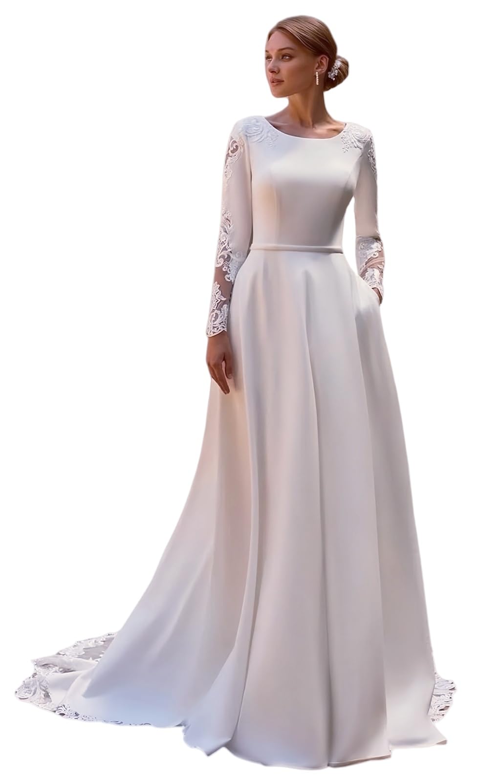 TSxuelian Abiti da sposa a maniche lunghe in raso Applique in pizzo Un abito da sposa linea