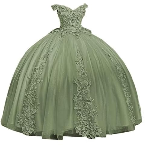 3D Floral Flower Quinceanera Dresses Lace Princess Ball Gown Puffy Sparkly Tulle Sweet 16 Dresses for Birthday Party Sage Green 12 Cover