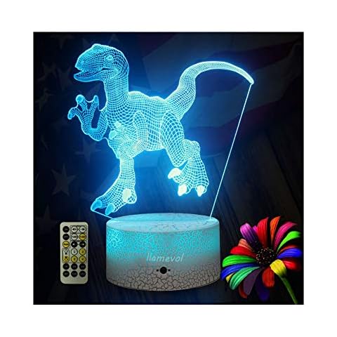 LLAMEVOL Dinosaur Night Lights for Kids Christmas Gift Birthday Timer Dino Toy 3D Illusion Lamp Dino Gifts for Boys Home Bedroom Party Supply Decoration 7 Color Blue Remote Cover