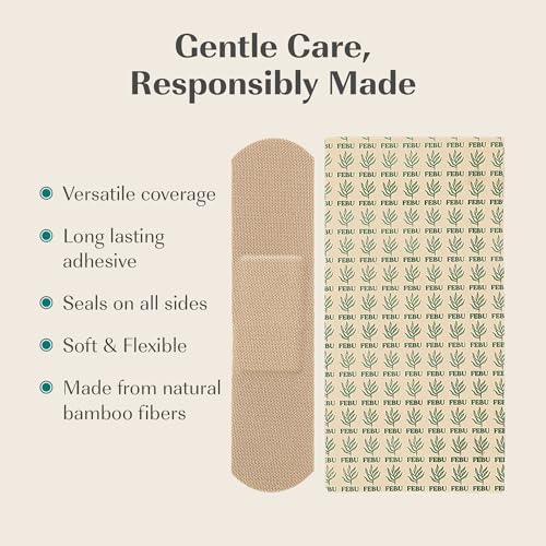 FEBU Eco-Friendly Bamboo Fabric Bandages | PFAS Free Flexible Fabric Bandages | Natural Hypoallergenic Bandage for Scrapes, Cuts & First Aid | Fully Compostable, Latex Free Bandage | 75 Count Strip