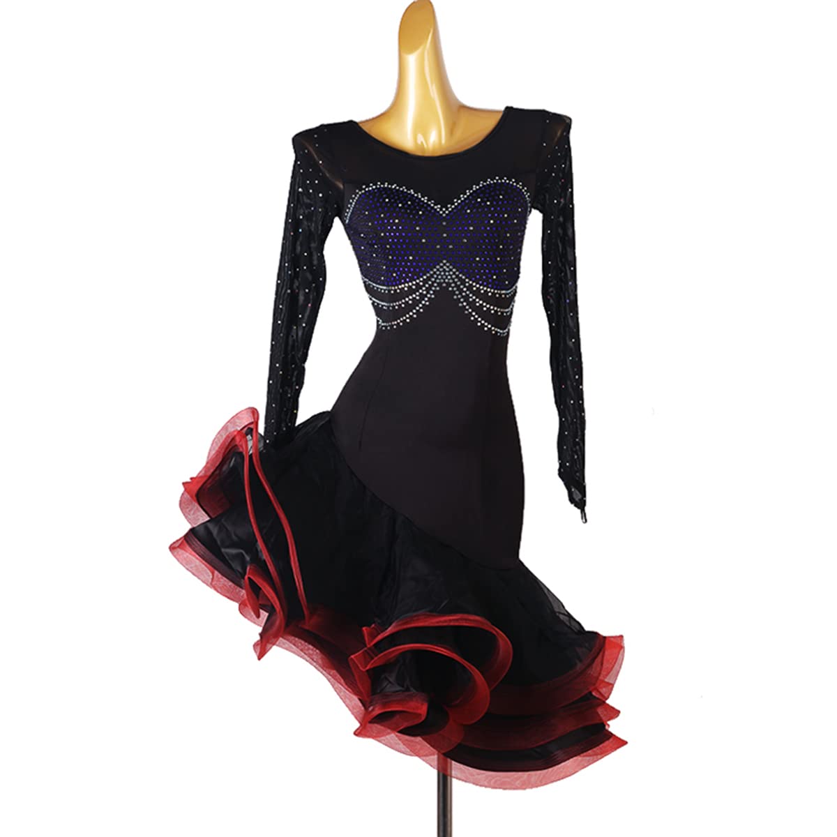 Damen Schwarz Latein Tanzkleider Ballsaal Schräger Saum Salsa Samba Rock Tutu Langärmliges Latein Turnierkleid Für Frauen Flamenco Kleid Für Frauen Flamenco Kleid
