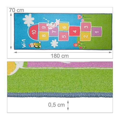 Relaxdays Kinderteppich Hüpfspiel, 180 x 70 cm, 10 Hüpfkästchen, Kurzflor, gummierte Unterseite, Spielteppich, bunt