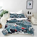 ANHOPE Japanese Duvet Cover Set Soft Comforter Cover Wave Fish Carp Print Pattern 3 Piece Bedding Set with Pillowcase All Season Decorative Quilt Cover with Zipper for Kids Adults Single Size