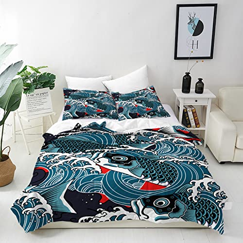 ANHOPE Parure de Lit Japonais Vagues Poisson 135x200 cm avec 2 Taies d'oreiller 75x50 cm Microfibre Housse de Couette avec Fermeture Éclair 3 Pièces Literie Toutes...