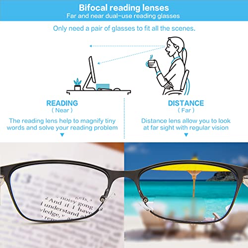 Bifocal Reading Glasses Women Blue Light Blocking With Clear Top Computer Reader No Line Wide Metal Frame Designer Ladies Eyeglasses Black Blue +1.50 Strength #TOP6