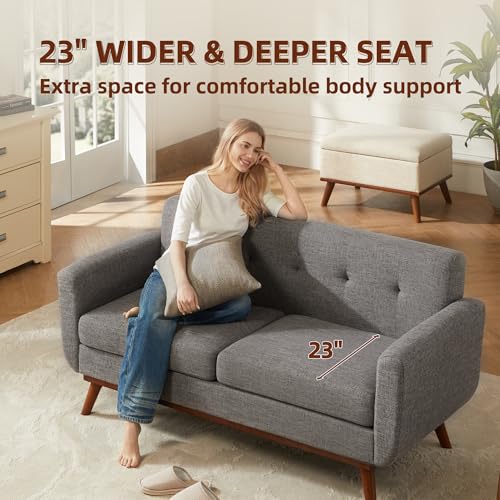 Image of Kingfun 65.2 inch W Loveseat Sofa, Mid Century Modern Decor Love Seat Couches for Living Room, Button Tufted Upholstered Furniture, Solid & Easy to Install Small Couch for Bedroom Office Apartment, Grey