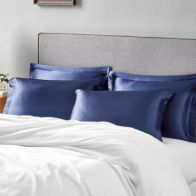 Image of Satin Pillow Covers Set of 2 - Soft & Smooth Pillowcases for Hair & Skin Care | Envelope Closure | Includes 3 Free Random Color Scrunchies | Frizz-Free Sleep Essentials (Navy Blue)