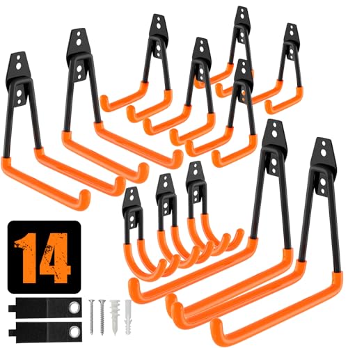 QcoQce 14 Pack Garage Hooks Heavy Duty with 2 Extension Cord Straps,Garage Storage Hooks, Wall Mount Hooks, Garage Organization and Tool Hangers for Bike, Ladder, Ropes and Garden Tools(Orange)