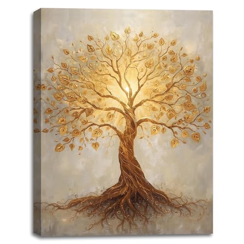 SIXWOOD Golden Round Tree of Life Canvas Wall Art, Abstract Decor, 12x16 in