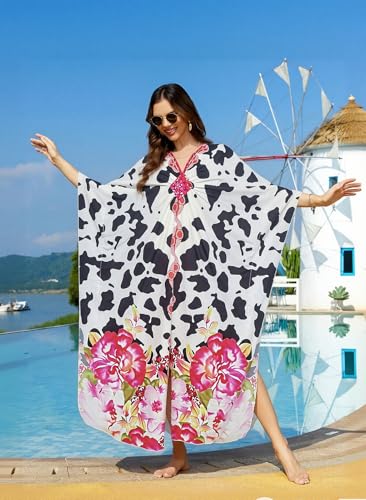 Image of sunforyou Caftans for Women 4XL Black Elegant Moomoo Dresses70s Kaftan Cow Print Floral Bikini Cover up Lightweight Loungewear(2604)