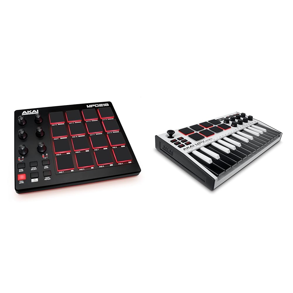 AKAI Professional MPD218 - Contrôleur de pad MIDI/machine à pads de batterie avec 16 pads, commandes assignables & MPK Mini MK3 – Clavier MIDI USB Portable avec 25 Touches, 8 Pads et Logiciels